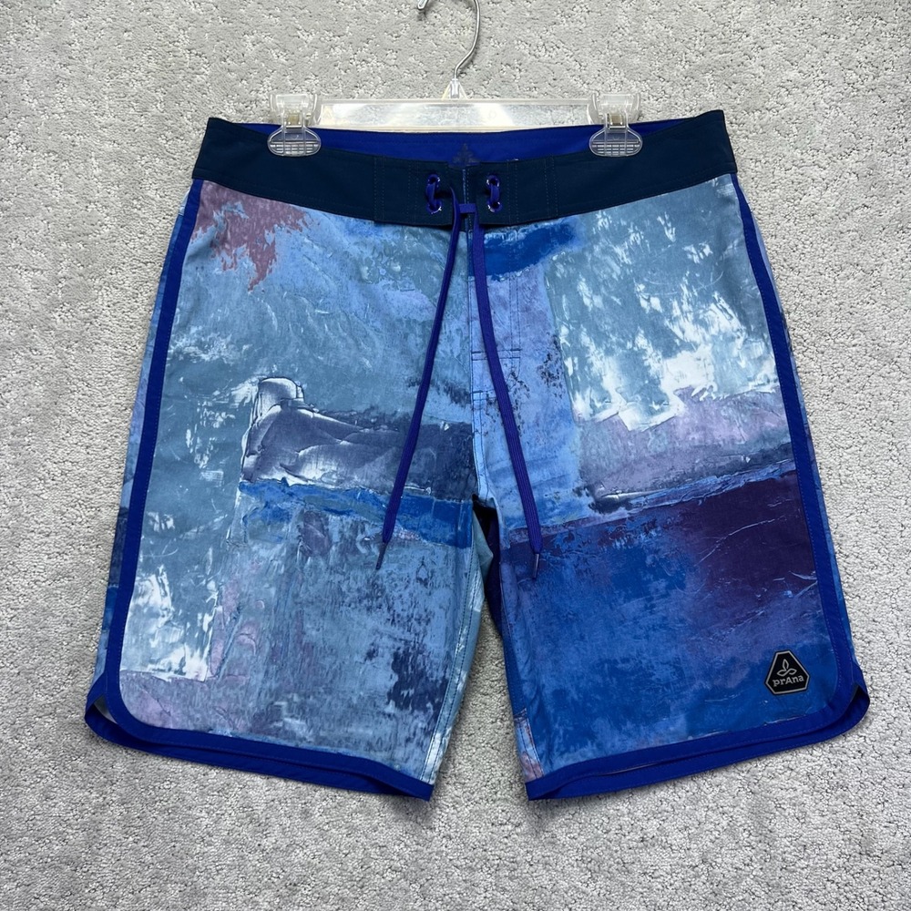 Prana Board Shorts Mens 32‎ Blue High Seas Swim Trunks Surf UPF 50+ Beach Sample